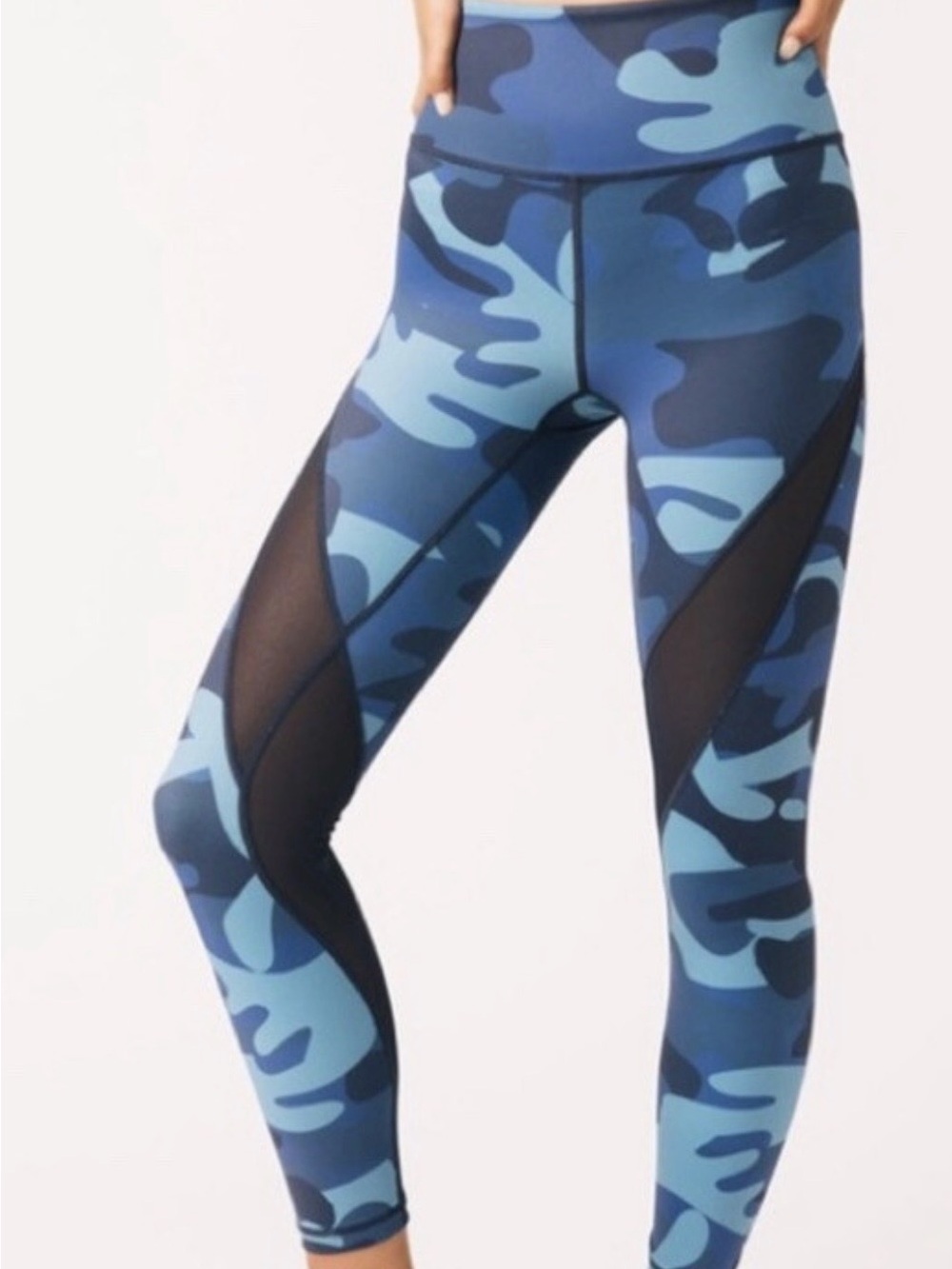 High-Waist Blue Camo Mesh-Panel Leggings - Women Swim
